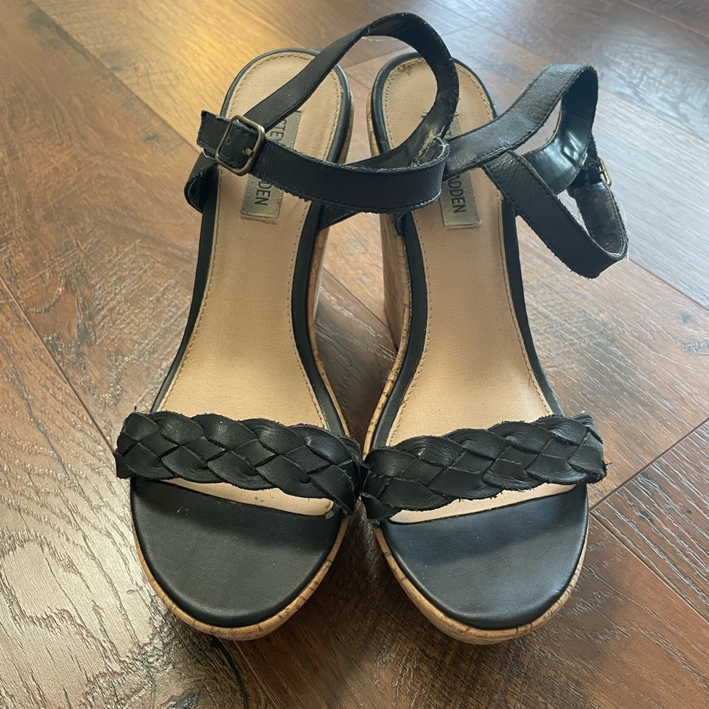 Steve Madden Black Wedge Sandals with Braided Detail